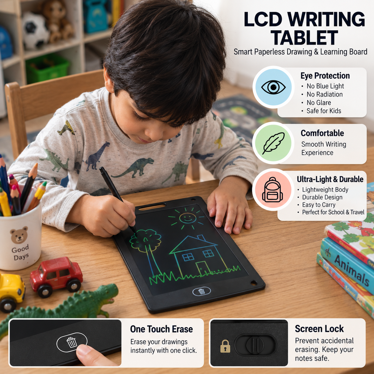 LCD Writing Tablet with Stylus Pen – Reusable Drawing & Learning Pad for Kids