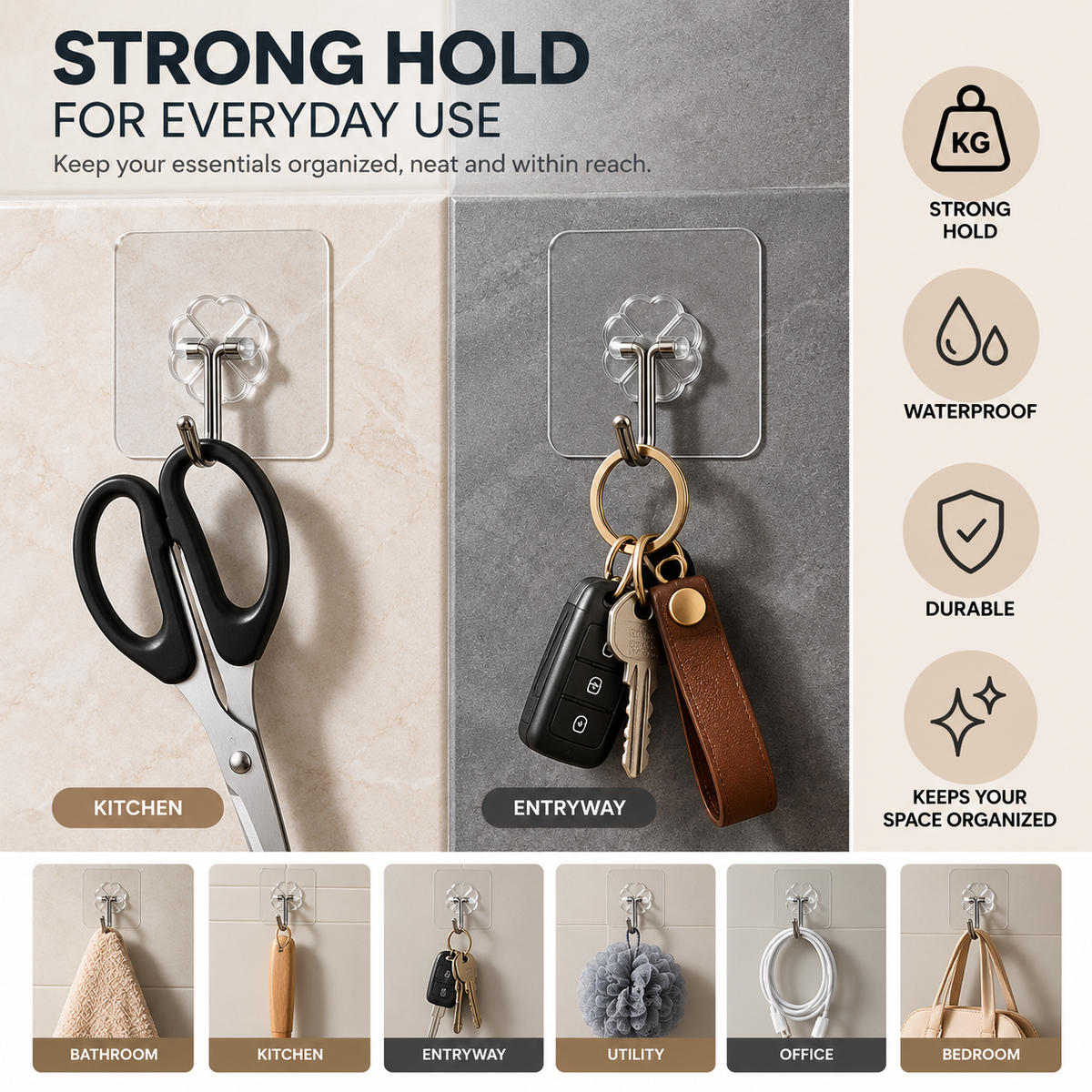 One Hook, Endless Uses – Heavy Duty Adhesive Wall Hooks | 10 Pc